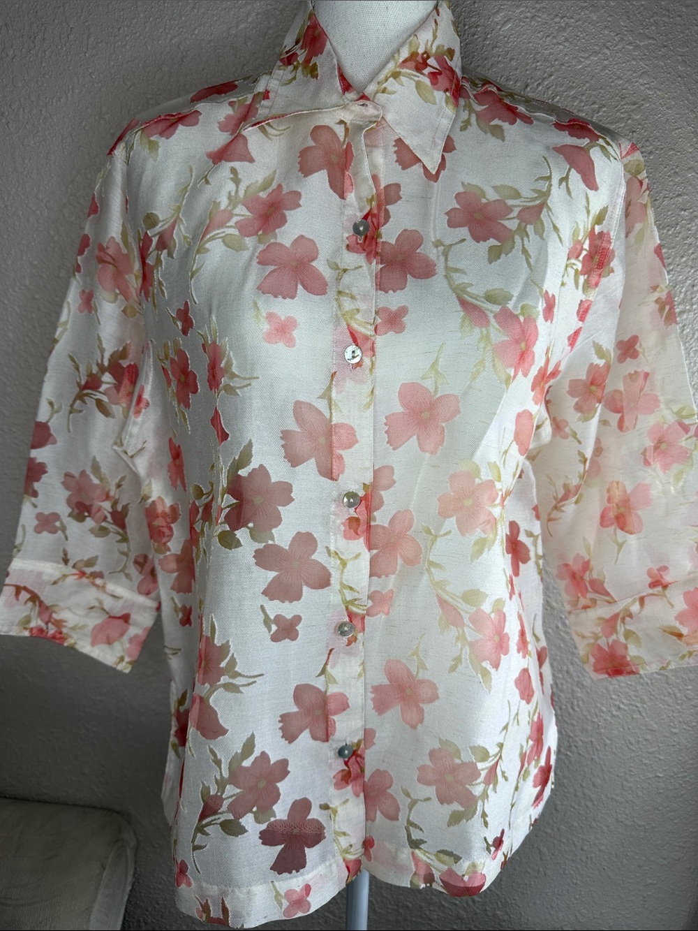 Notations Sheer Pink Floral Button Down Blouse - Size L